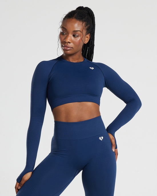 Power Crop Top de Manga Larga Azul Zafiro para Mujer vista frontal