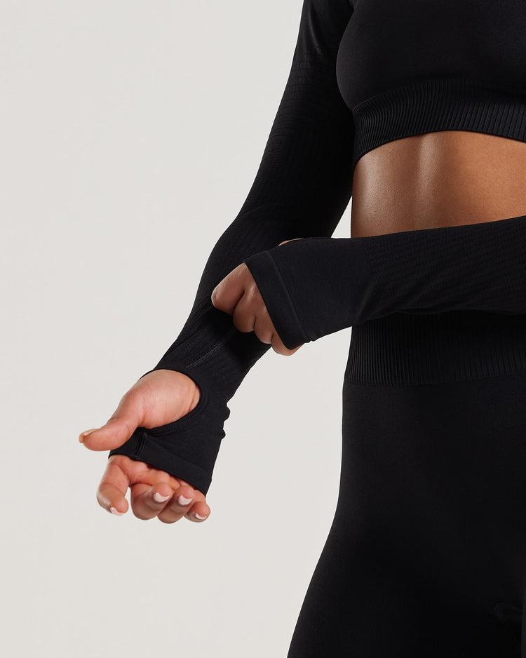 Power Top Corto de Manga Larga Negro para Mujer crop top