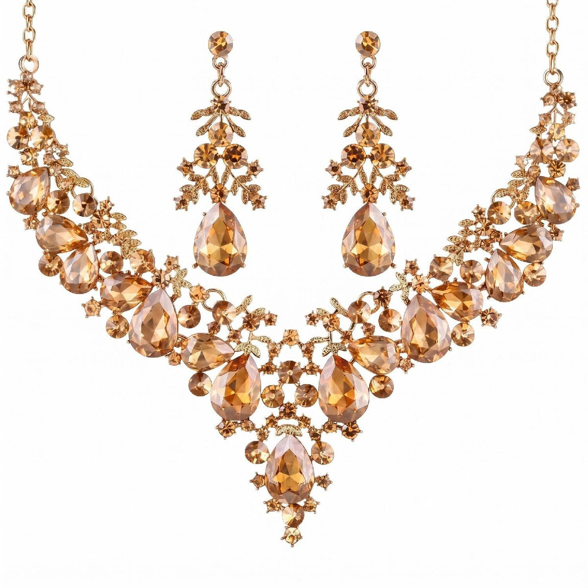 Conjunto de Collar y Pendientes de Hojas y Gotas con detalles