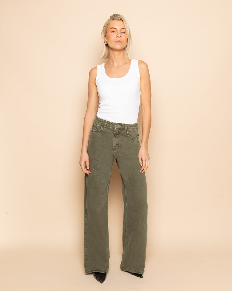 Jeans Wide Leg Verde Oliva para Mujer diseño denim