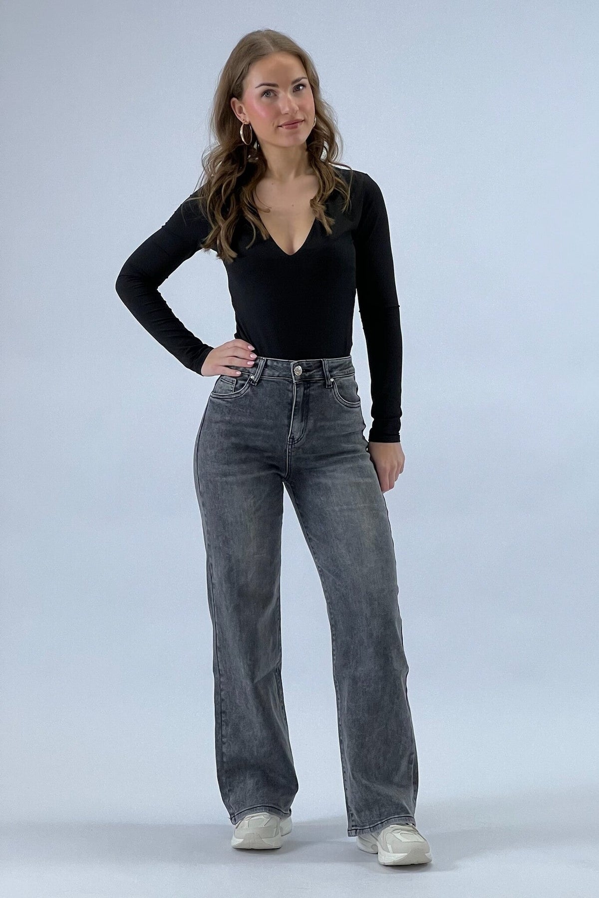 Jeans Wide Leg Vintage Gris Denim para Mujer pierna ancha