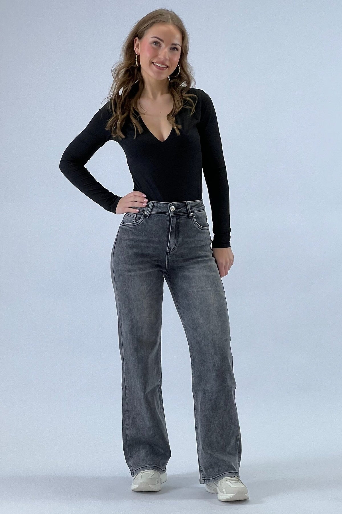 Jeans Wide Leg Vintage Gris Denim para Mujer detalle de cintura