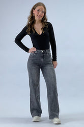 Jeans Wide Leg Vintage Gris Denim para Mujer detalle de cintura